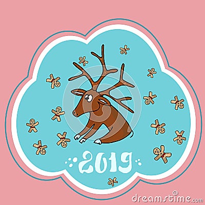 Beautiful Christmas card with a Santa Claus deer and Christmas cookies. Vector. Vector Illustration