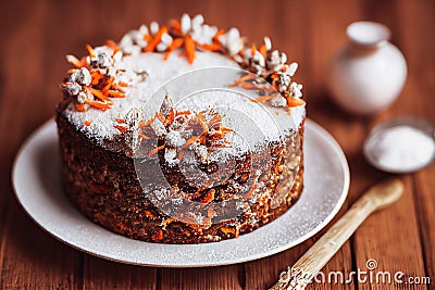 Beautiful Christmas carrot cake with fruit nuts and cream Stock Photo