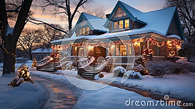 Winter Time Home Decorated with Christmas Lights on A Winter Evening Stock Photo