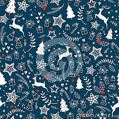 Beautiful christmas doodles seamless pattern - hand drawn and detailed, great for christmas textiles, banners, wrappers, Vector Illustration