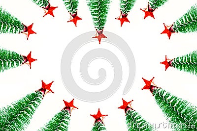 beautiful Christmas frame from green pine tree ornament and red star. love shape border Stock Photo