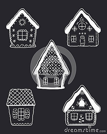 Beautiful Christmas houses. Set of winter houses. White silhouettes of fabulous buildings on a dark blue background Vector Illustration