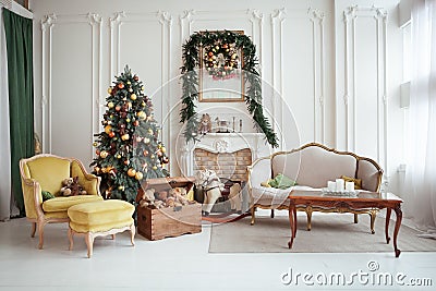 Beautiful Christmas interior. New year decoration. Living room with fireplace Stock Photo