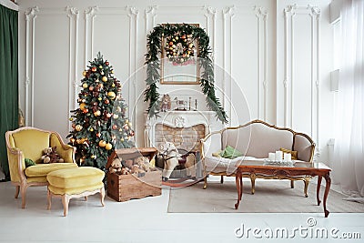 Beautiful Christmas interior. New year decoration. Living room with fireplace Stock Photo