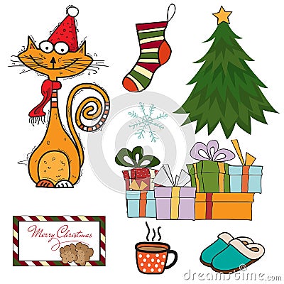 Beautiful Christmas items collection isolated on white Vector Illustration