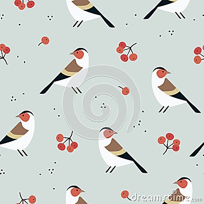 Beautiful Christmas seamless pattern with European goldfinch birds and rowan berries. Cute Scandinavian winter design Vector Illustration