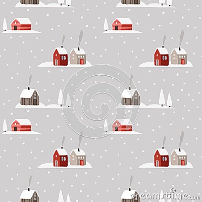 Beautiful Christmas seamless pattern. Winter snowy landscape with red houses, smoking chimney, white trees and falling Vector Illustration