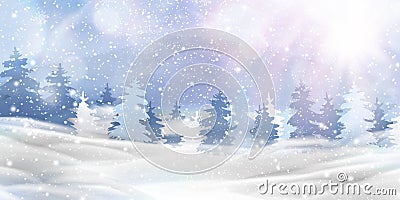 Beautiful christmas, snowy woodland landscape with snow covered firs, coniferous forest, falling snow, snowflakes for Vector Illustration