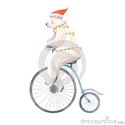 Beautiful christmas stock illustration with hand drawn watercolor cute polar bear on bike. Cartoon Illustration