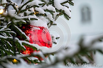 Beautiful Christmas tree decorated with lights. Close-up Stock Photo