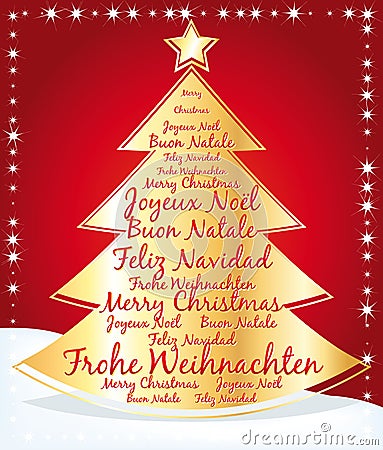 Beautiful christmas tree with greetings in several languages. Vector Illustration