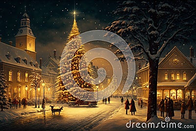 Beautiful Christmas village with people, warm yellow lights and a big Christmas tree Cartoon Illustration