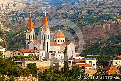 Beautiful church in Bsharri, Qadisha valley in Lebanon Stock Photo