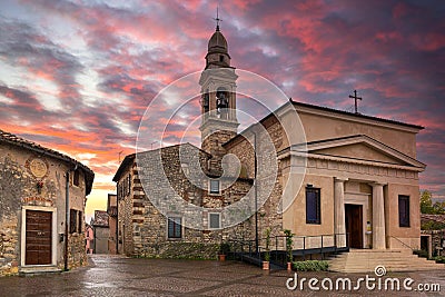 Beautiful church in Soave town in the province of Verona at sunset, Italy Stock Photo