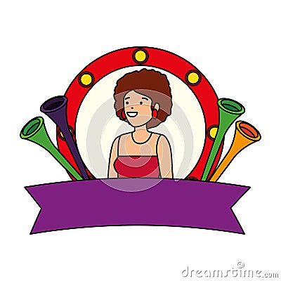 beautiful circus woman with trumpets in emblem Cartoon Illustration