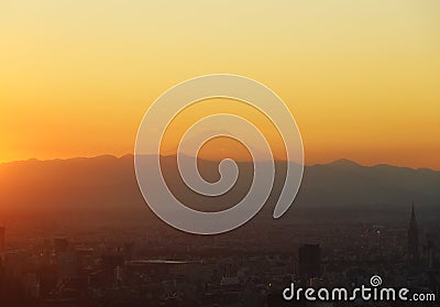 Beautiful city landscape looking view Fuji from Tokyo city in the sunrise. Stock Photo