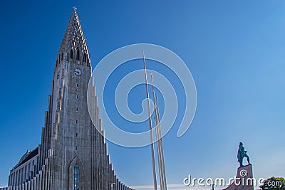 Beautiful city of Reykjavik in Iceland Hallgrimskirkja church, European street, rainbow road, canal Stock Photo