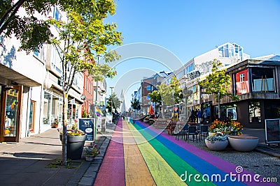 Beautiful city of Reykjavik in Iceland Hallgrimskirkja church, European street, rainbow road, canal Editorial Stock Photo