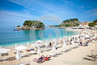 Beautiful city beach on Ionian Sea in Parga, Greece. Editorial Stock Photo