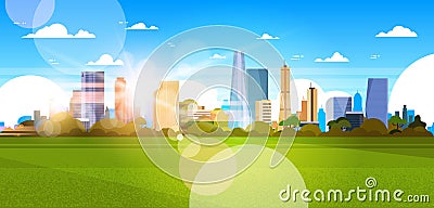 Beautiful City Skyline With Sunlight Over Skyscrapers Buildings Cityscape Concept Horizontal Banner Vector Illustration