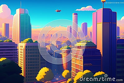 beautiful city skyline view of West Hollywood still in the style of Studio Ghibli, anime showing house flying through a city. Stock Photo