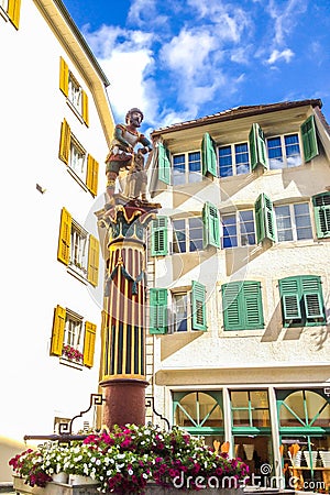 Beautiful City Street View, Fountain of Samson Simsonbrunnen, Solothurn, Switzerland Stock Photo