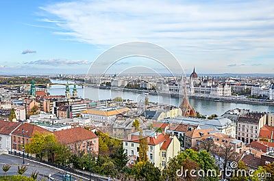 Beautiful cityscape of Budapest, Hungary. Hungarian Parliament Building, Orszaghaz, in the background on the other side of the Stock Photo