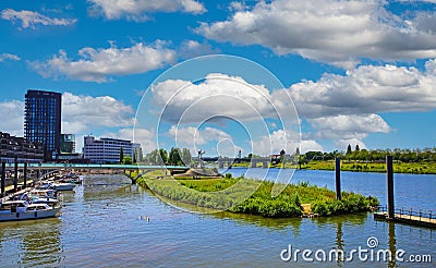 Beautiful cityscape of dutch riverside town, moden architecture buildungs, inland yacht harbour, river Maas - Venlo, Netherlands Stock Photo