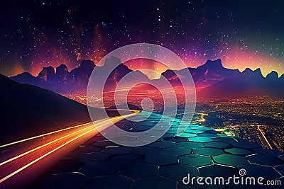 Beautiful Cityscape with Street and Galaxy in the Sky Advanced Modern Technology Concept Stock Photo