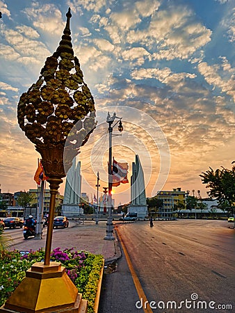 Cityscape, sunrise on the democracy monument in Bangkok. Editorial Stock Photo