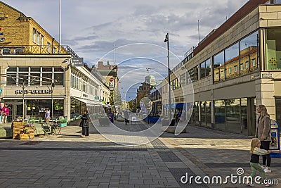 Beautiful cityscape view of downtown Uppsala street on bright day. Editorial Stock Photo