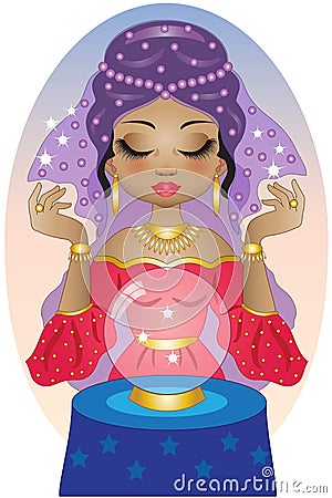 Beautiful clairvoyant reads the future in the crystal ball Vector Illustration