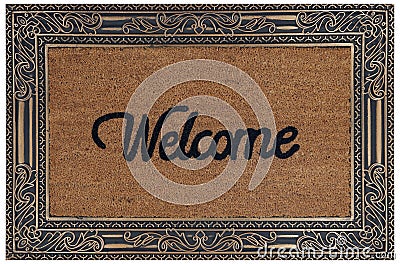 Beautiful Classic beige zute and black rubber frame Outdoor Doormat with welcome text Stock Photo