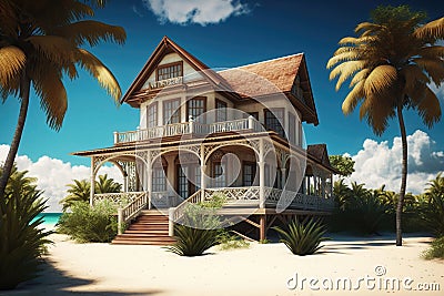Beautiful classic house on the beach, illustration generated by AI Cartoon Illustration