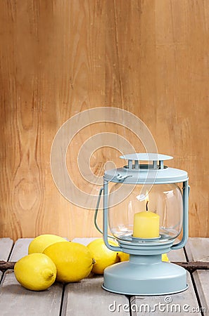 Beautiful classic lantern on wooden table Stock Photo