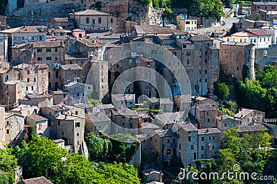 Beautiful classic panoramic view of the ancient town of Sorano in autumn, province of Grosseto, southern Tuscany, Italy Editorial Stock Photo