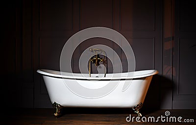 Beautiful classic style white claw foot bathtub with stainless steel old fashioned faucet and sprayer Stock Photo