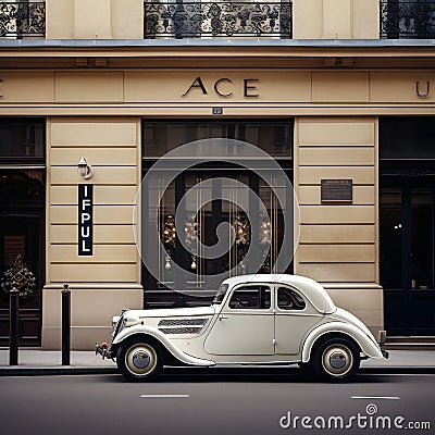 A beautiful classic white French car from the 1930s, exuding elegance, parked on a Parisian street. Generative AI art Stock Photo