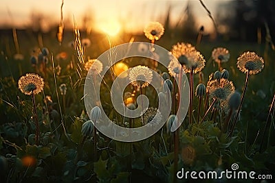 Beautiful close-up of dandelions in nature at sunset Stock Photo