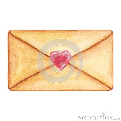 Beautiful closed envelope sealed with a heart. Watercolor illustration. Message for valentine& x27;s dayabout love Cartoon Illustration