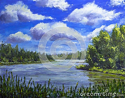 Beautiful clouds in blue sky, green forest reflected in river, summer landscape Stock Photo