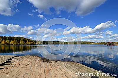 Beautiful clouds over the lake in Lytkarino Stock Photo