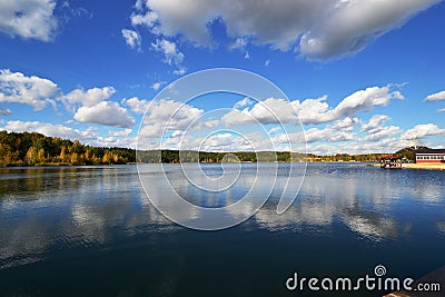 Beautiful clouds over the lake in Lytkarino Stock Photo