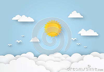 Beautiful Cloudscape, clouds and sun on blue background, paper art style Vector Illustration