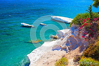 Beautiful coast view. Kalymnos Beach, Cyprus. Stock Photo