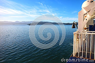 Beautiful coastal scenery viewed from the deck of the ferry between the south and north island of New Zealand Stock Photo