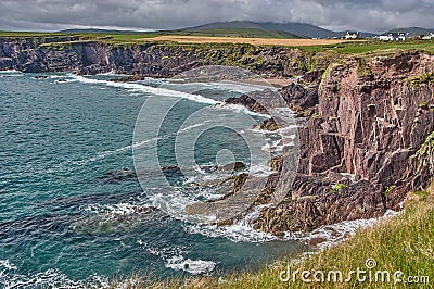 Beautiful coastline at the Ring of Kerry, Ireland. Huge cliffs at the Ring of Kerry Ireland. View on the Skellig Islands Stock Photo