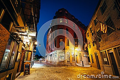 The beautiful cobblestone Marshall Street at night, in Boston, M Editorial Stock Photo