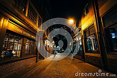 The beautiful cobblestone Marshall Street at night, in Boston, M Editorial Stock Photo