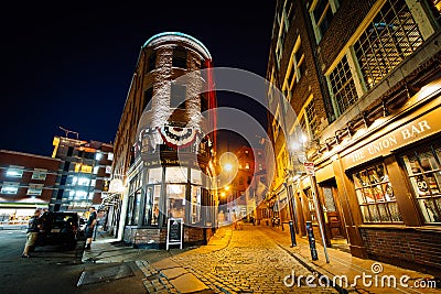 The beautiful cobblestone Marshall Street at night, in Boston, M Editorial Stock Photo